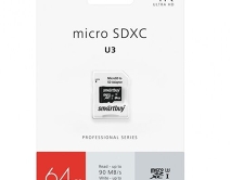 Карта памяти MicroSDXC SmartBuy 64GB cl10 PRO U3 R/W90/70 MB/s + SD 